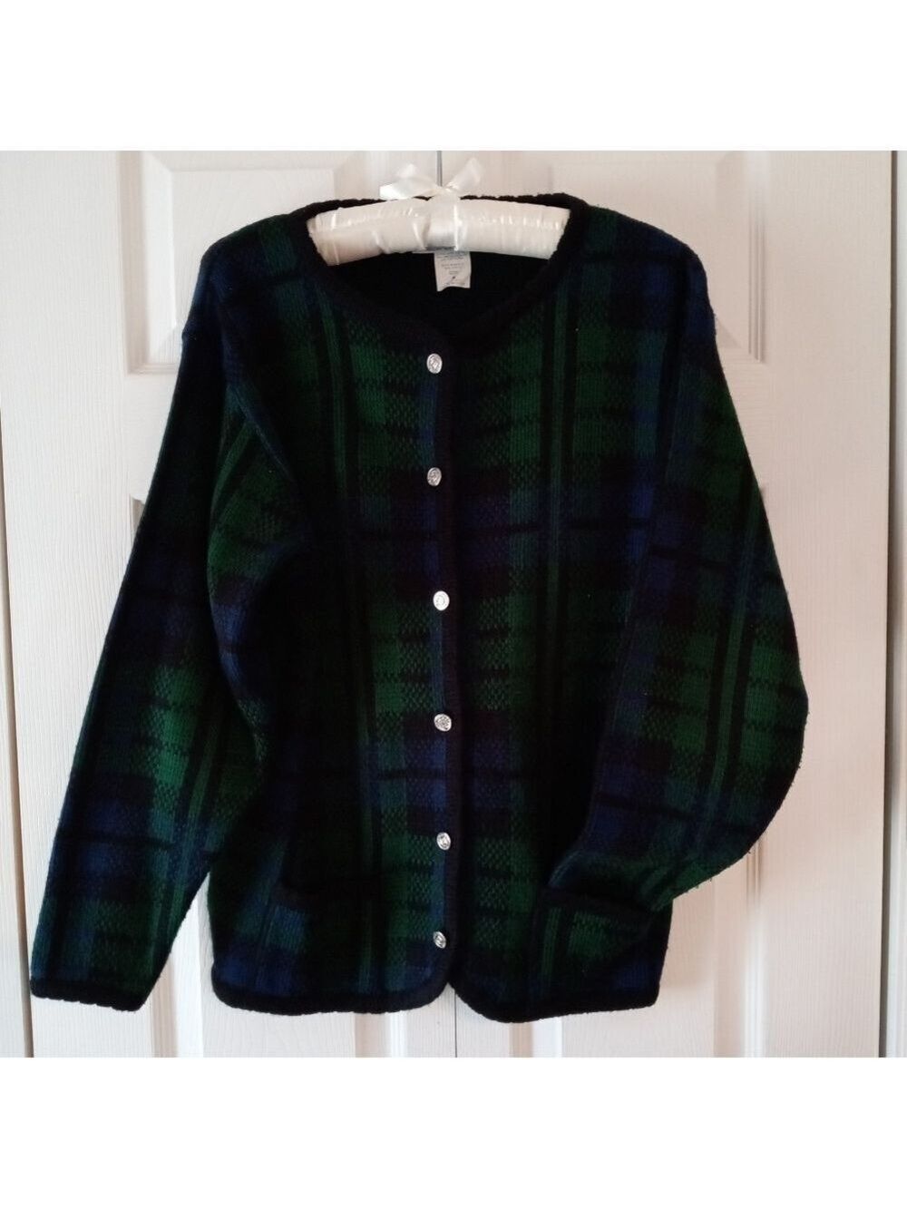 Tally Ho Cardigan Sweater Women's Size 8 Black Dark Blue Dark Green Vintage 80s